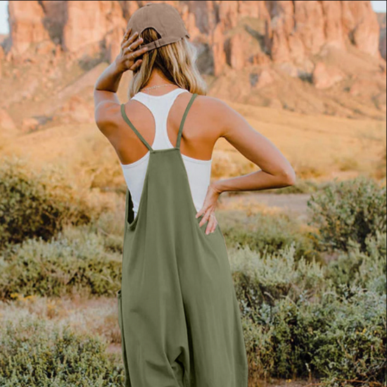 woman wearing comfortable jumpsuit in khaki green