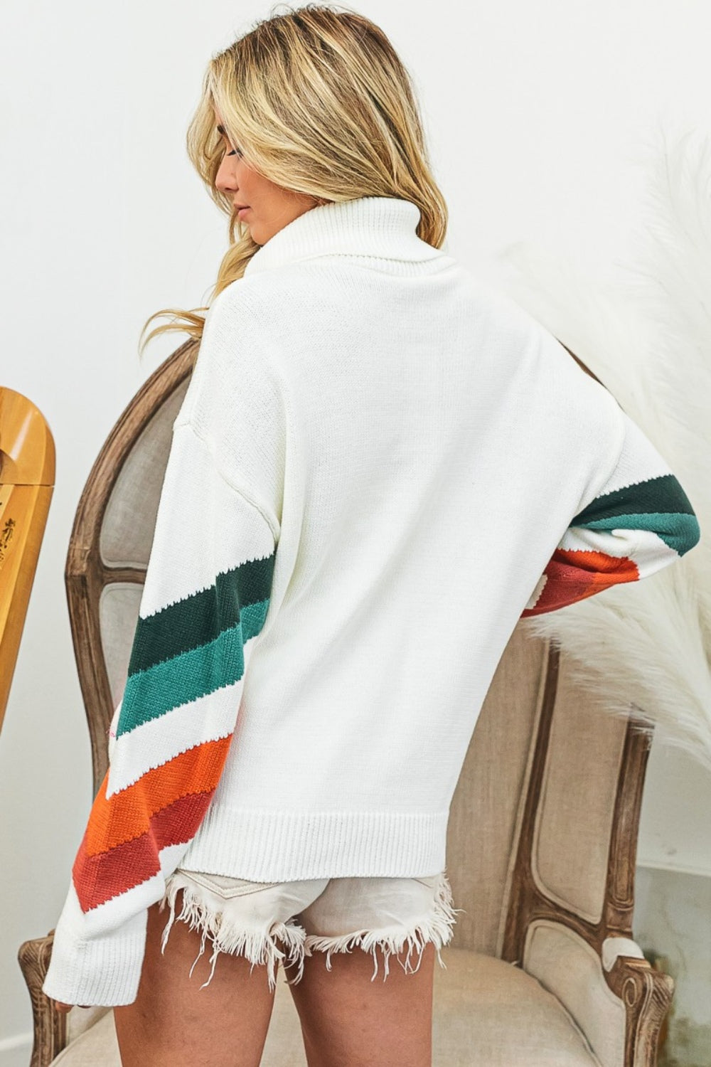 woman wearing half zip sweater with chevron pattern back view