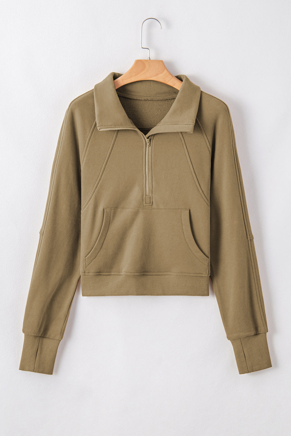 Brown Zip Up Stand Collar Thumbhole Sleeve Sweatshirt