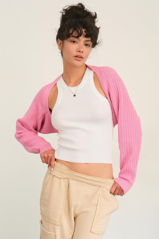 woman wearing bolero cardigan in pink