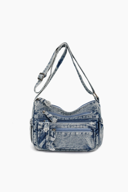 denim cross body purse in blue denim