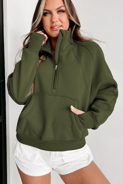 Brown Zip Up Stand Collar Thumbhole Sleeve Sweatshirt