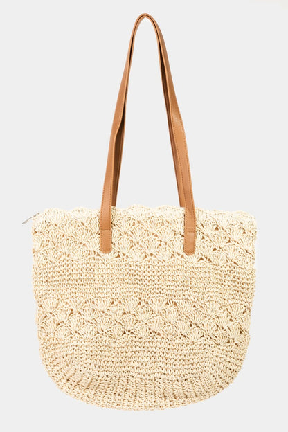 beach tote bag straw ivory with vegan leather straps