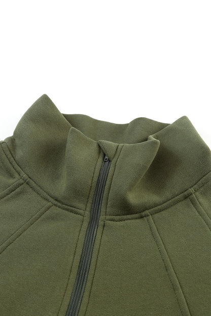 Brown Zip Up Stand Collar Thumbhole Sleeve Sweatshirt