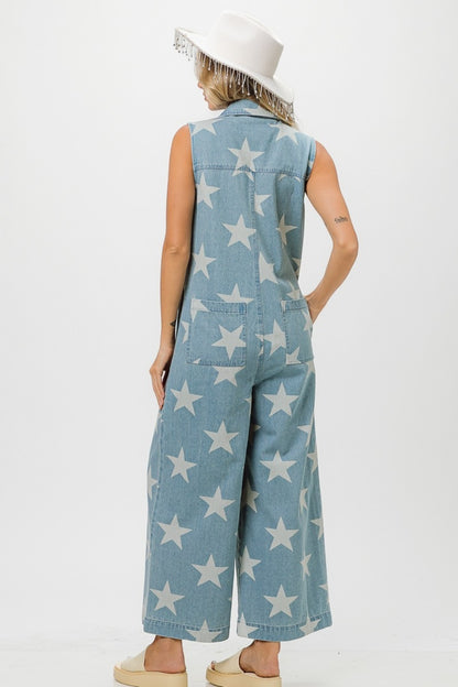 woman wearing denim jumpsuit back view