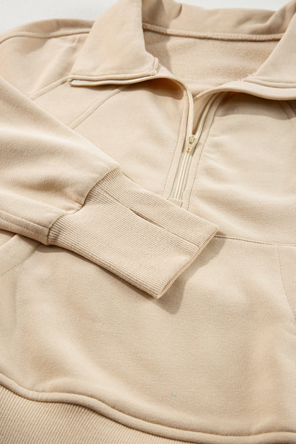 Brown Zip Up Stand Collar Thumbhole Sleeve Sweatshirt