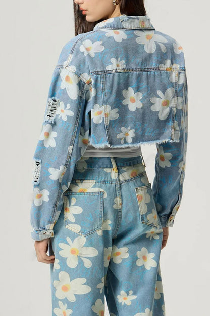 woman wearing cropped denim jacket with flower print