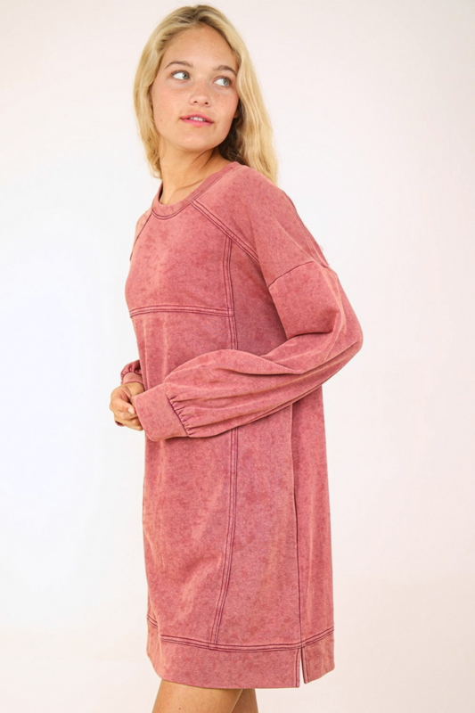 woman wearing long sleeve t-shirt dress in pink