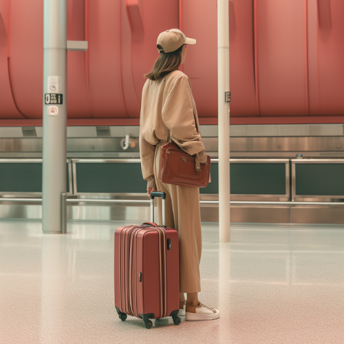 woman in chic travel outfit set waiting for train