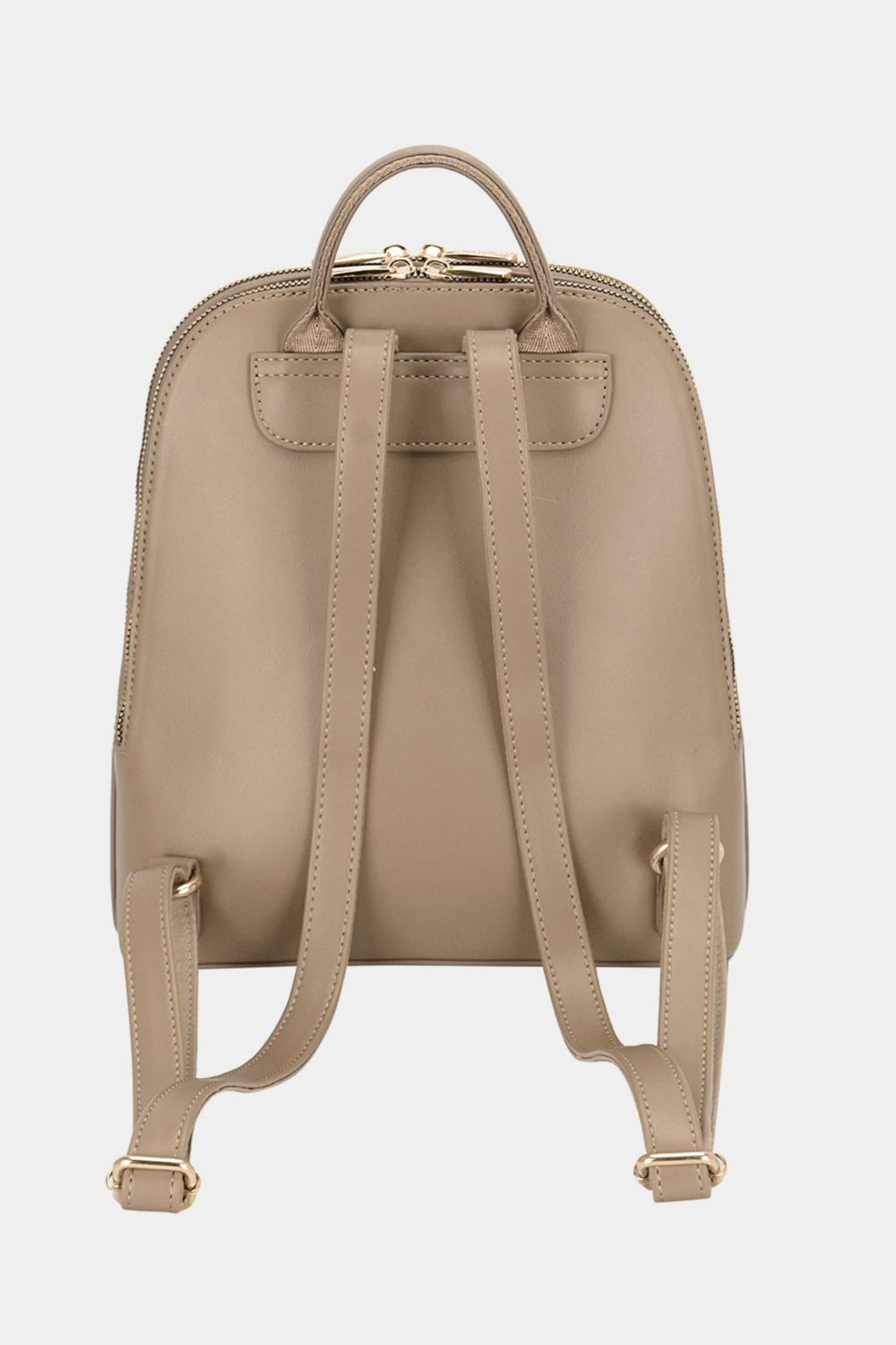 large travel backpack back view in tan