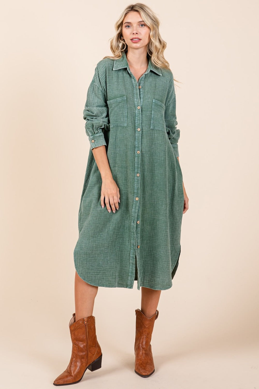 woman wearing cotton midi shirt dress in fern green front view