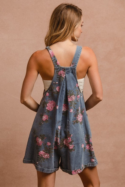 Denim Floral Short Overalls