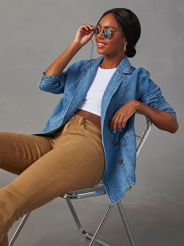 woman wearing vintage denim blazer sitting on chair