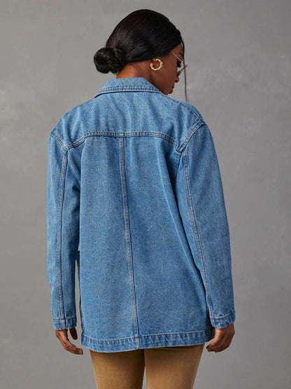 woman wearing vintage denim blazer back view