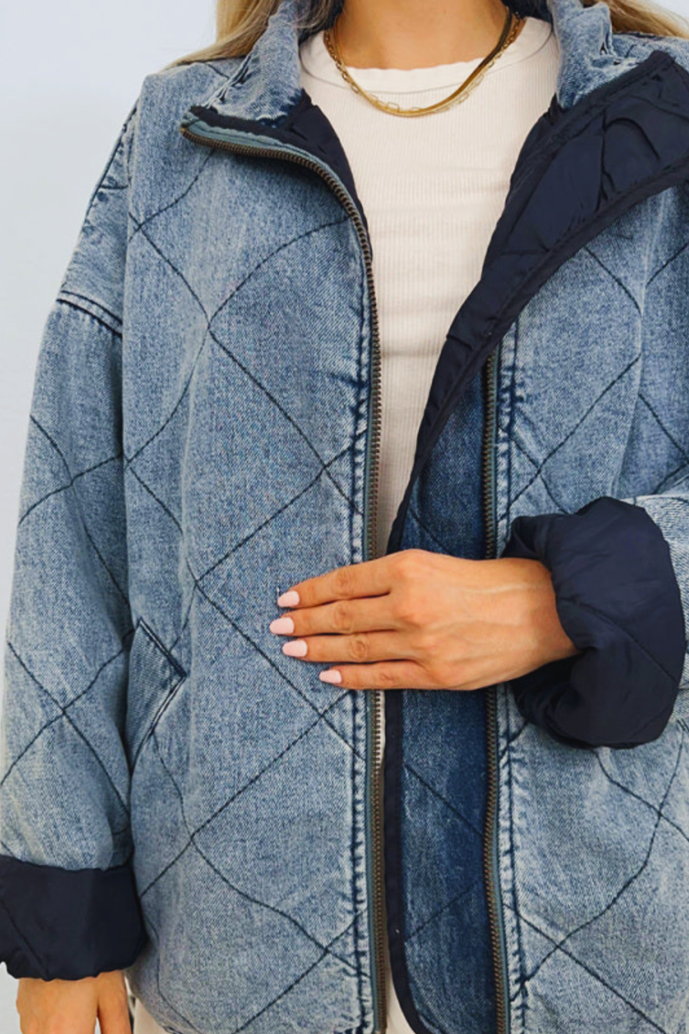 woman wearing denim jacket quilted cotton front view2