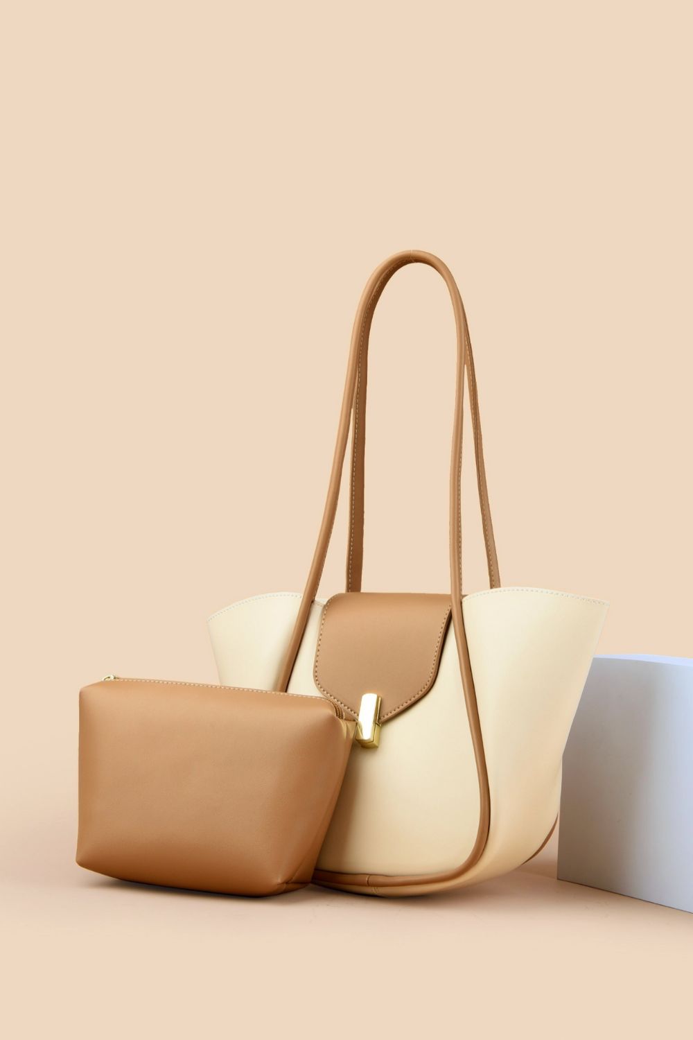 shoulder bag with removable pouch in cream and tan